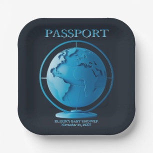 Blue Globe Passport Travel Baby Shower Paper Plate