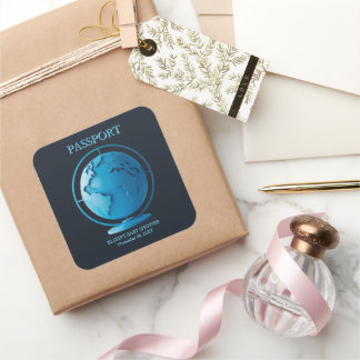 Blue Globe Passport Travel Baby Shower Square Sticker