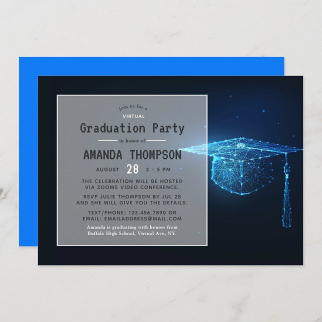 Blue Glow Futuristic Virtual Graduation Party Invitation (Front/Back)