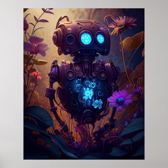 Blue Glow Robot & Purple Flowers Poster (Front)