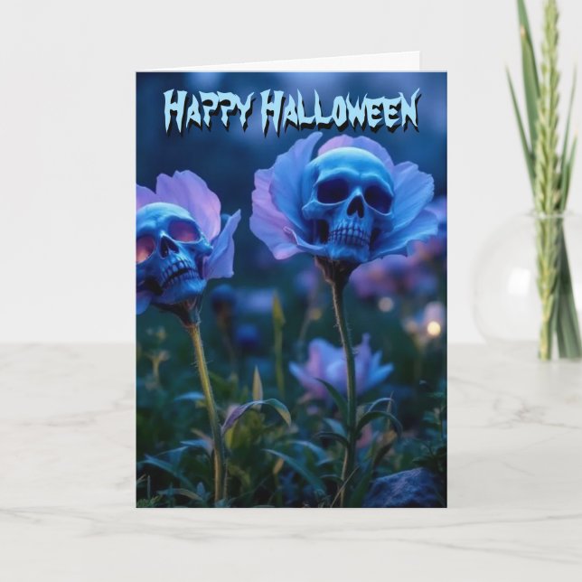 Blue Glow Skull Halloween Flowers Card (Front)
