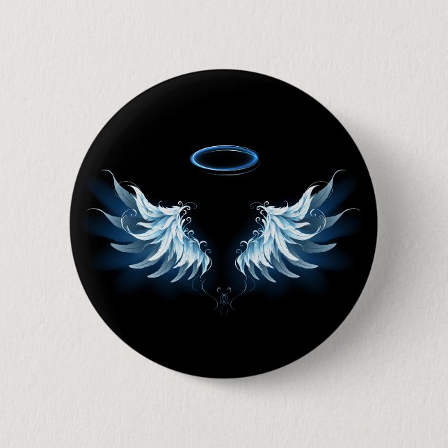 Blue Glowing Angel Wings on black background 6 Cm Round Badge (Front)