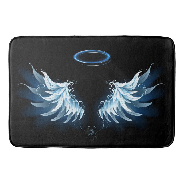 Blue Glowing Angel Wings on black background Bath Mat (Front)