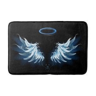 Blue Glowing Angel Wings on black background Bath Mat