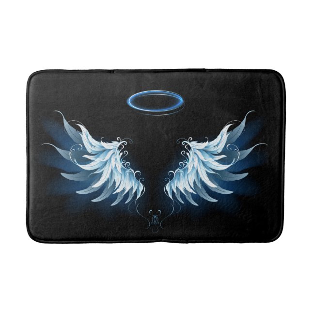 Blue Glowing Angel Wings on black background Bath Mat (Front)