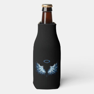 Blue Glowing Angel Wings on black background Bottle Cooler