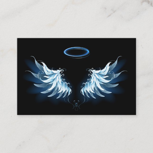 Blue Glowing Angel Wings on black background Business Card (Front)