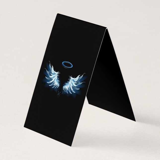 Blue Glowing Angel Wings on black background Business Card (Back)
