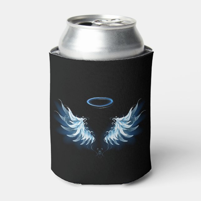 Blue Glowing Angel Wings on black background Can Cooler (Can Front)