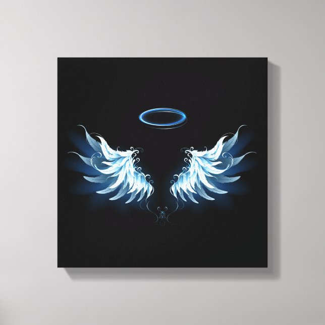 Blue Glowing Angel Wings on black background Canvas Print (Front)