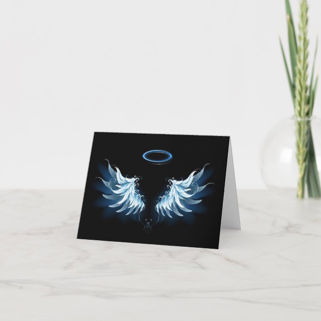 Blue Glowing Angel Wings on black background Card (Front)