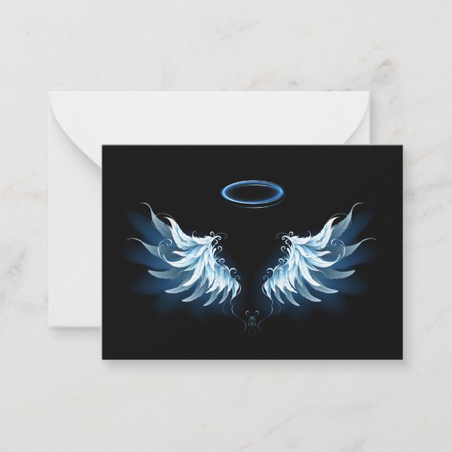 Blue Glowing Angel Wings on black background Card (Front)