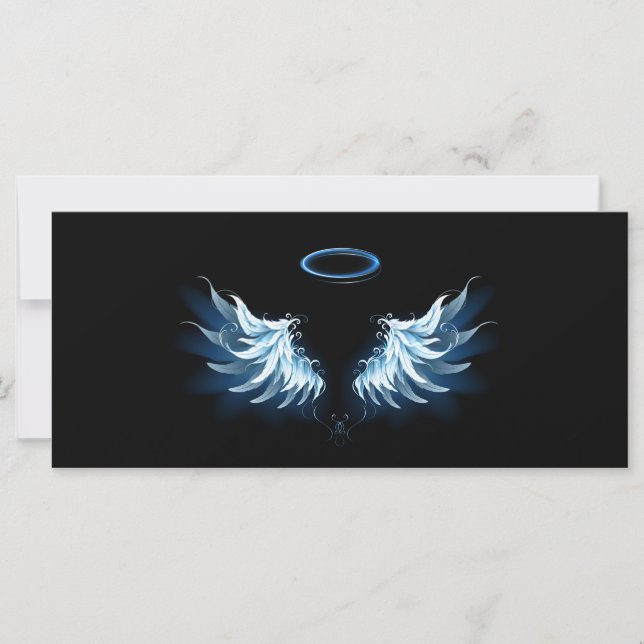 Blue Glowing Angel Wings on black background Card (Front)