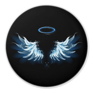 Blue Glowing Angel Wings on black background Ceramic Knob