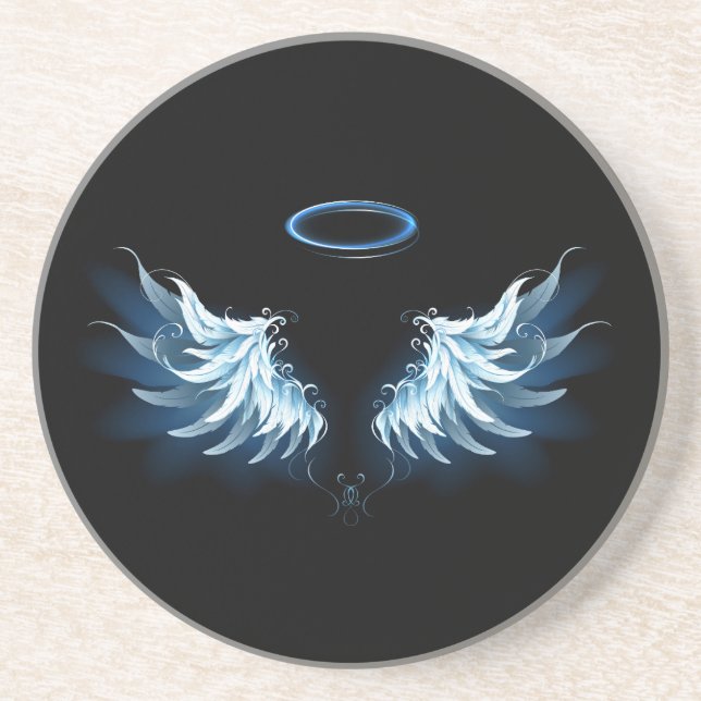 Blue Glowing Angel Wings on black background Coaster (Front)