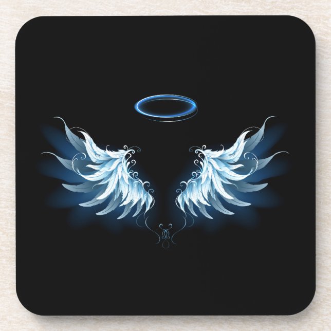 Blue Glowing Angel Wings on black background Coaster (Front)