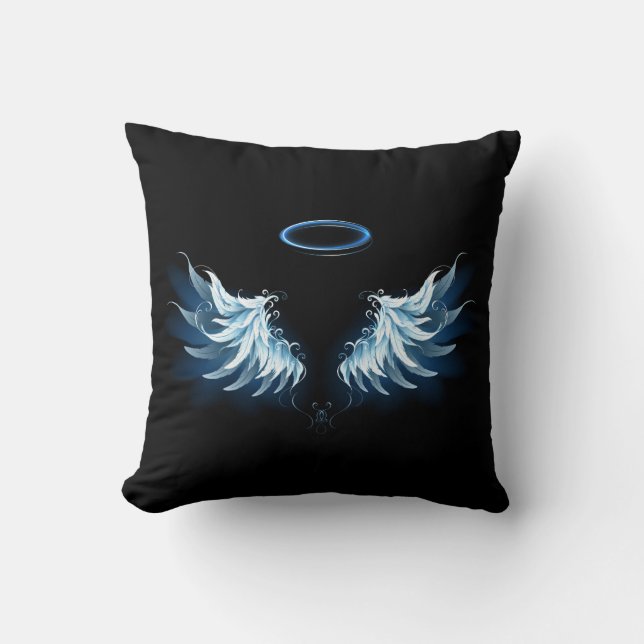 Blue Glowing Angel Wings on black background Cushion (Front)