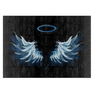 Blue Glowing Angel Wings on black background Cutting Board