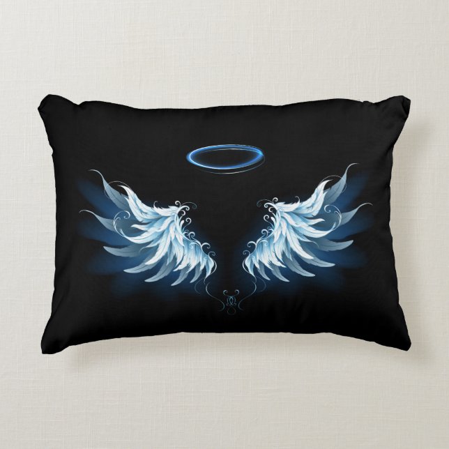 Blue Glowing Angel Wings on black background Decorative Cushion (Front)