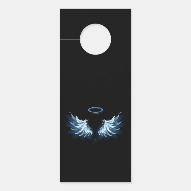 Blue Glowing Angel Wings on black background Door Hanger (Front)
