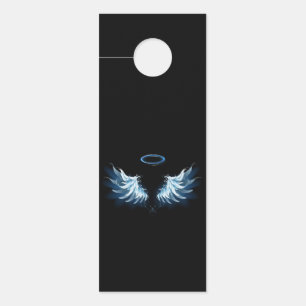 Blue Glowing Angel Wings on black background Door Hanger