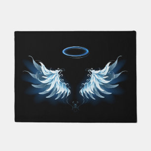 Blue Glowing Angel Wings on black background Doormat