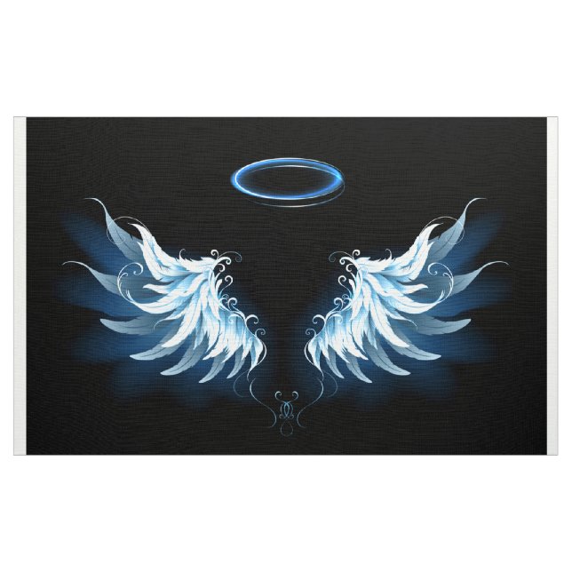 Blue Glowing Angel Wings on black background Fabric (Yard)