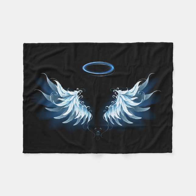 Blue Glowing Angel Wings on black background Fleece Blanket (Front (Horizontal))