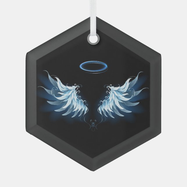 Blue Glowing Angel Wings on black background Glass Tree Decoration (Front)