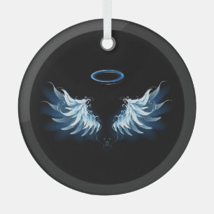 Blue Glowing Angel Wings on black background Glass Tree Decoration