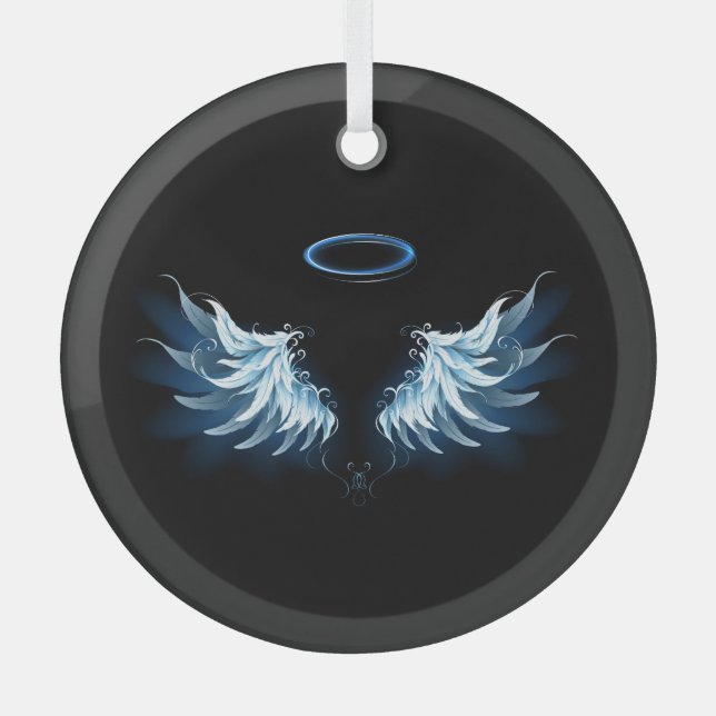 Blue Glowing Angel Wings on black background Glass Tree Decoration (Front)