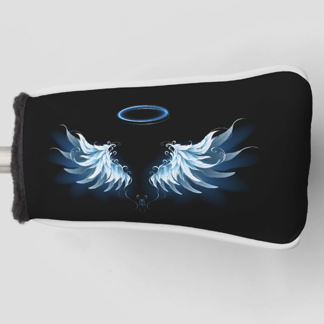 Blue Glowing Angel Wings on black background Golf Head Cover (Front)