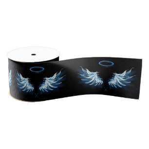 Blue Glowing Angel Wings on black background Grosgrain Ribbon
