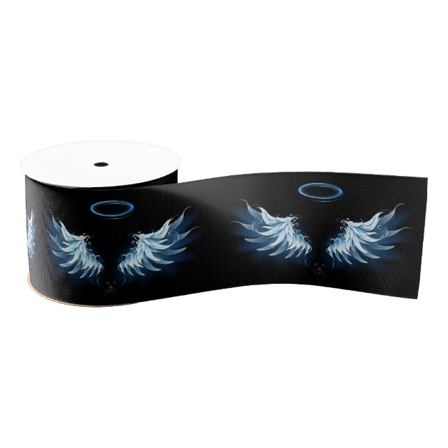 Blue Glowing Angel Wings on black background Grosgrain Ribbon (Spool)