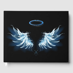 Blue Glowing Angel Wings on black background Guest Book