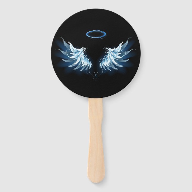 Blue Glowing Angel Wings on black background Hand Fan (Front)
