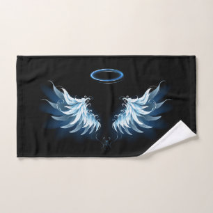 Blue Glowing Angel Wings on black background Hand Towel