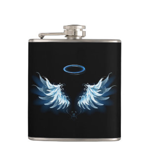 Blue Glowing Angel Wings on black background Hip Flask