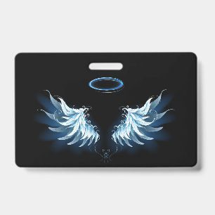 Blue Glowing Angel Wings on black background ID Badge