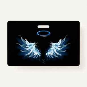 Blue Glowing Angel Wings on black background ID Badge