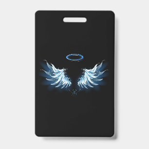 Blue Glowing Angel Wings on black background ID Badge