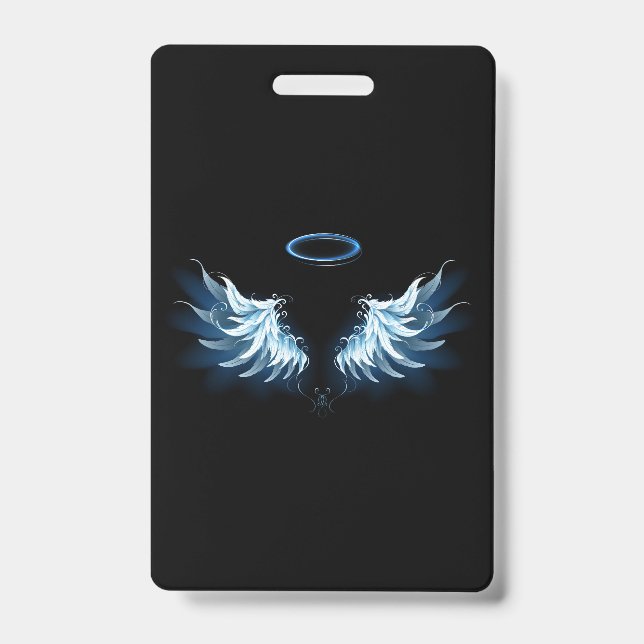 Blue Glowing Angel Wings on black background ID Badge (Front)