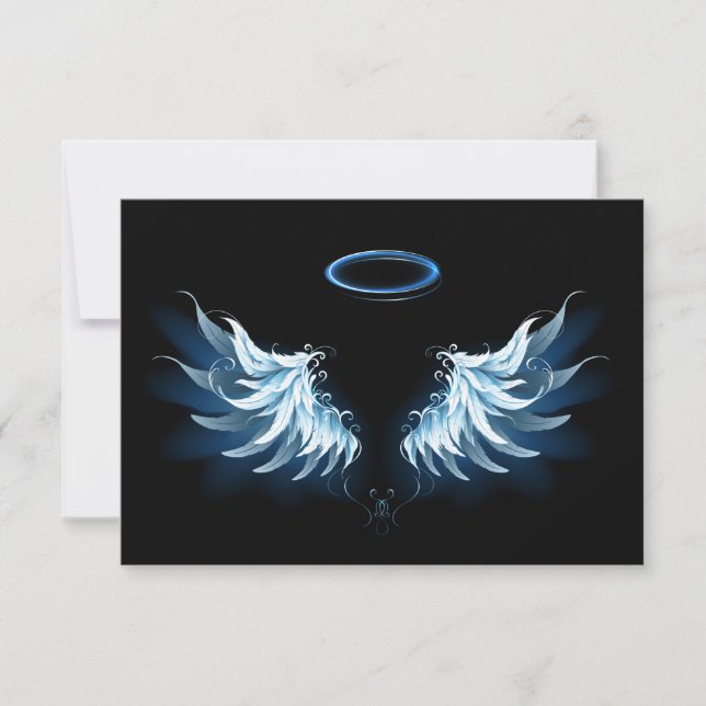 Blue Glowing Angel Wings on black background Invitation (Front)