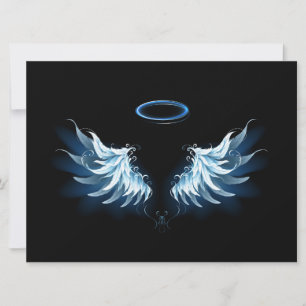 Blue Glowing Angel Wings on black background Invitation
