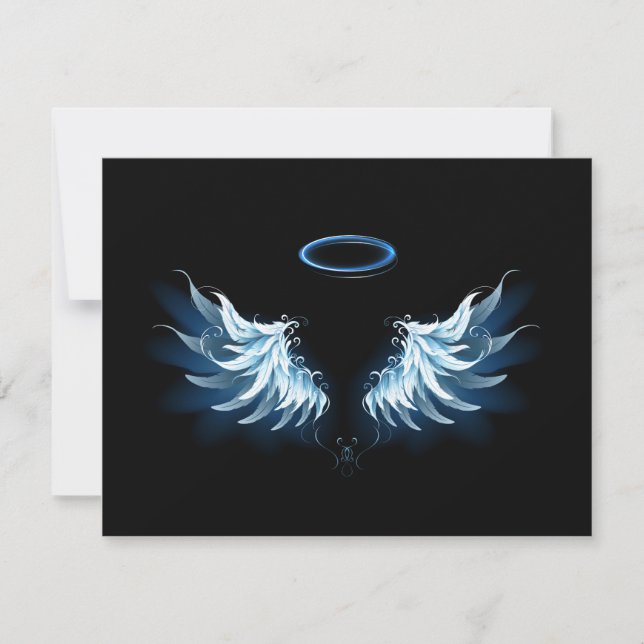 Blue Glowing Angel Wings on black background Invitation (Front)