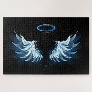 Blue Glowing Angel Wings on black background Jigsaw Puzzle