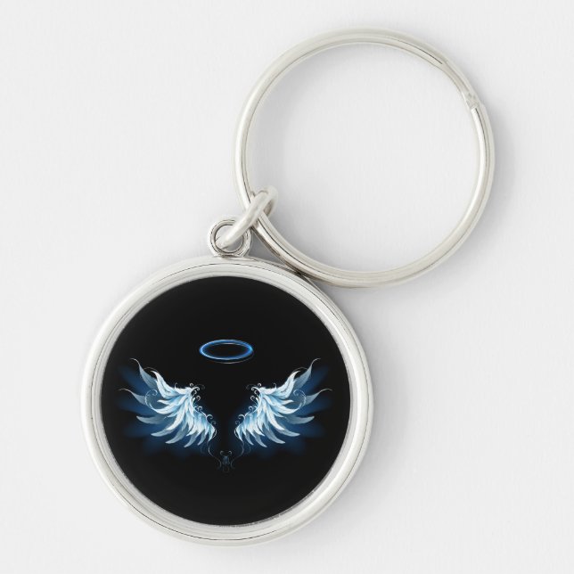 Blue Glowing Angel Wings on black background Key Ring (Front)