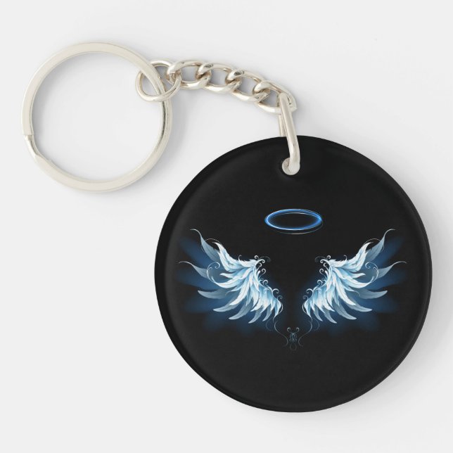 Blue Glowing Angel Wings on black background Key Ring (Front)