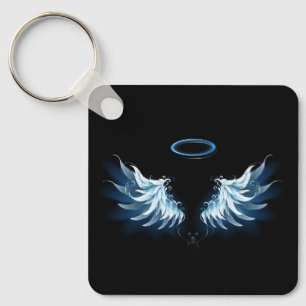 Blue Glowing Angel Wings on black background Key Ring