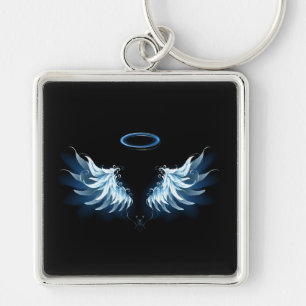 Blue Glowing Angel Wings on black background Key Ring